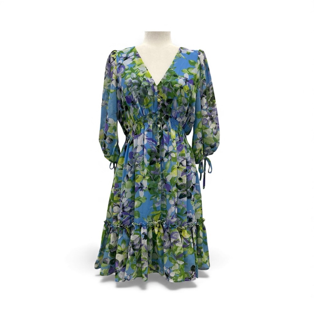 TAYLOR Women's Floral-Print Tiered Ruffle Hem Dress Sz 10 V Neck Smocked Waist